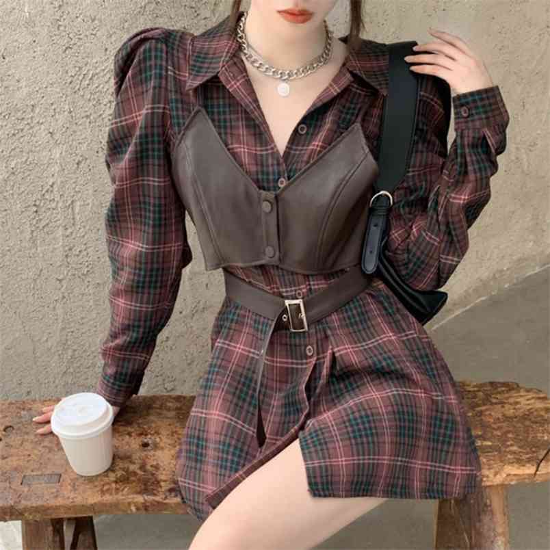 

Two Piece Set Women Spring Korean Plaid Turn Down Collar Puff Sleeve Shirt Mini Dress + PU Sling Vest Top Female 210519, Photo color