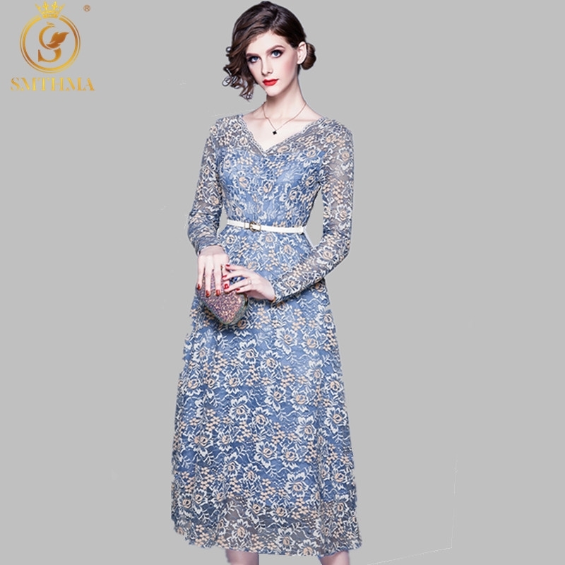 

Spring Runway Women Fashion Slim Sexy Lace Hollow Out Vestidos European Long Sleeve Casual Office Party Dress 210520, Photo color