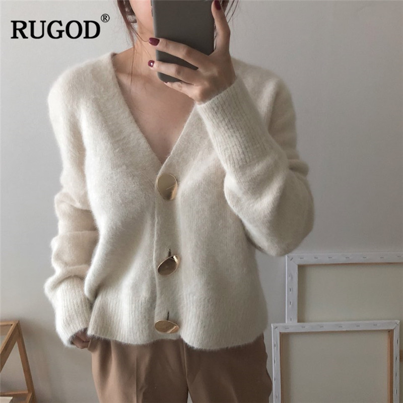 

RUGOD Simple Solid Minimalist V-neck Sweater Elegant Termperament Mild Open Stiches Metal Button Cashmere Cardigans 2021 Winter, Dark green