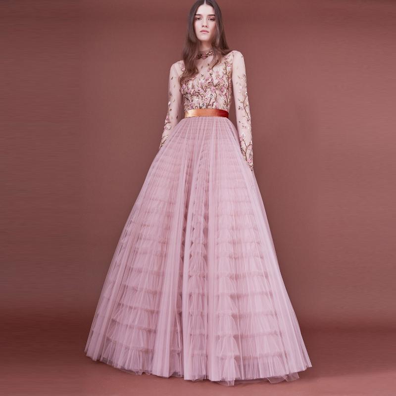 

Casual Dresses Pretty Blush Pink Appliques Lace Bridal Party See Thru Full Sleeves A-line Ruffles Tulle Long Prom Gowns, Beige