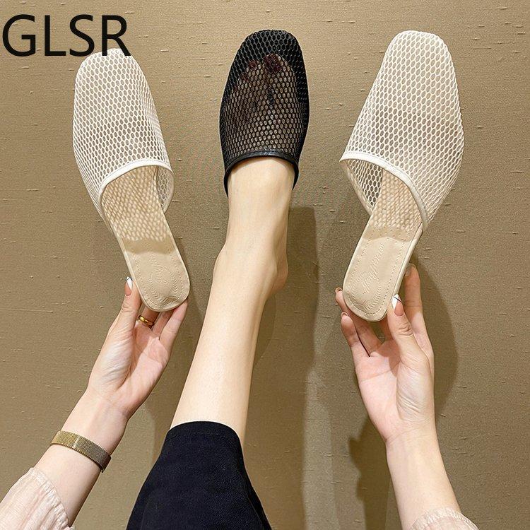 

Slippers 2021 Hollow Breathable Mesh Woman Thin High Heels Summer Vintage Mules Shoes4, Black