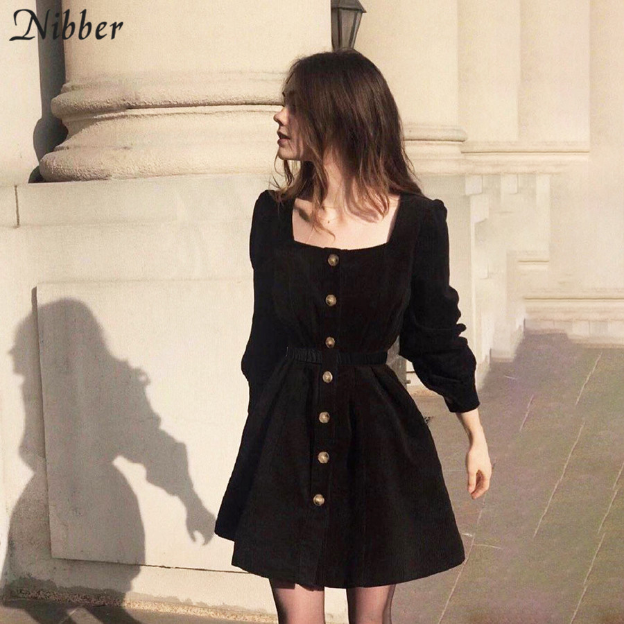 

Nibber autumn simple Harajuku Pleated dress womens 2021fall winter club party night office leisure stretch Slim mini dress mujer, Black