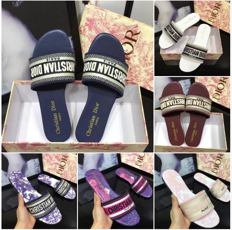 

Designer Leather women Sandals Summer Flat Slipper fashion beach woman Big head Rainbow letters slippers with box, Color 9