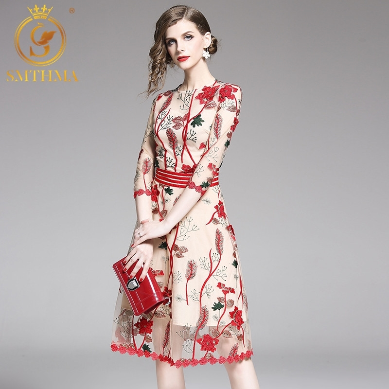 

Fashion Runway Women Three-Dimensional Flower Mesh Embroidery Summer Dress Vintage Party Vestidos 210520, Photo color
