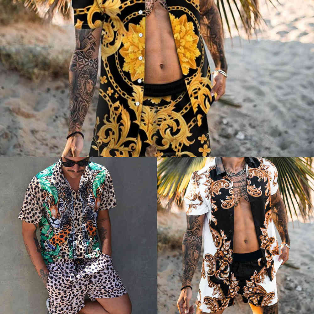 

Men's Hawaii Beach Printing 2021 Summer Lapel With Short Sleeves Button Shirt Beach Shorts Streetwear Casual Mens Suit 2 Pieces X0601, Gray
