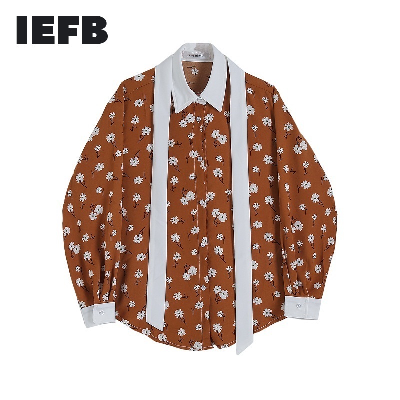 

IEFB /men's wear vintage Spring hit Color oversize shirt Temperament Chic Long Sleeve loose tie collar tops 9Y1013 210524, Orange