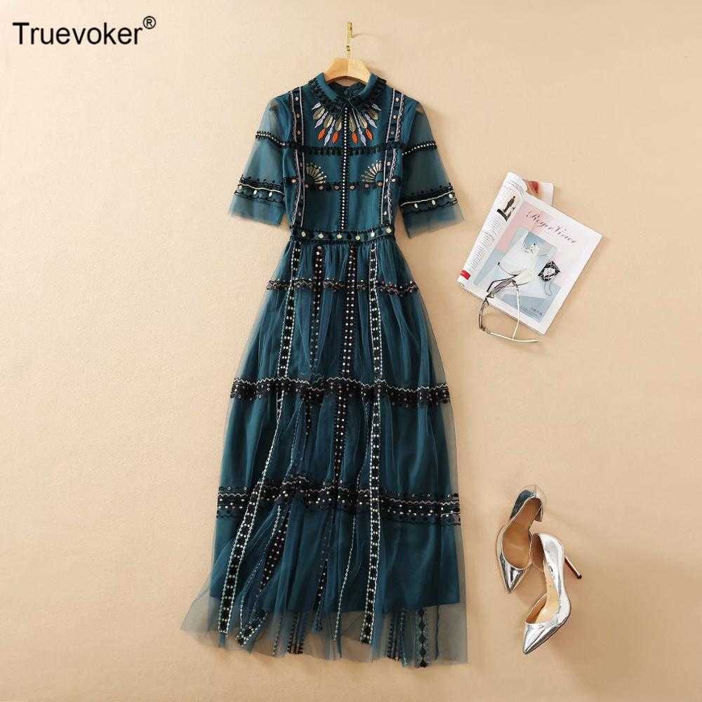 

Truevoker Summer Runway Fashion Women's Half Sleeve Luxury Totem Embroidery Dark Green Lace Long Party Dress 210602