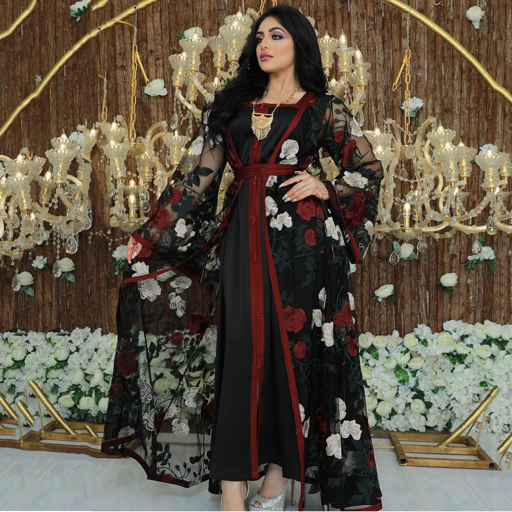 

2021embroidered floral lace mesh abaya set dubai arabic turkish cardigan kaftan long dress muslim women djelaba islamic clothing, Red