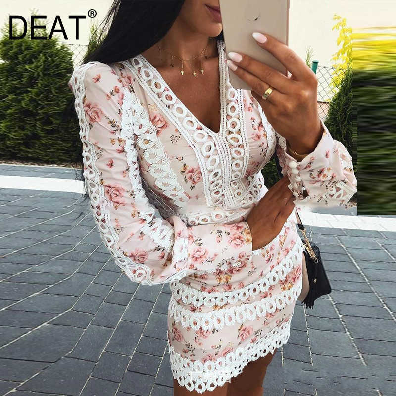 

DEAT Spring Arrivals Fashion Long Sleeve Slim V Neck Hollow Out Floral Print Short Mini Bodycon Dress Women MI410 210709, Color