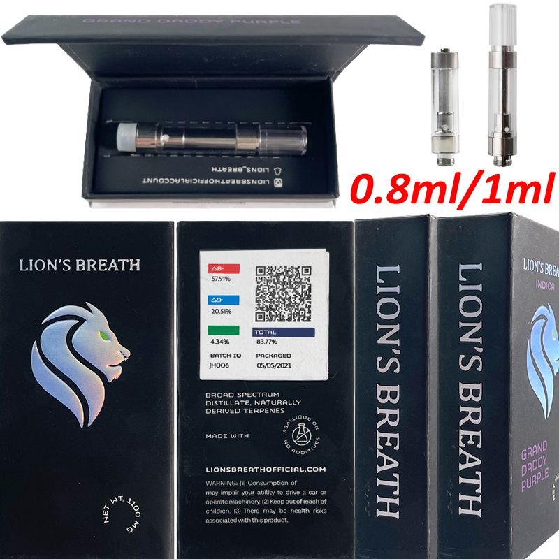 

Lions Breath 10 Strains Thick Oil Atomizer Empty 0.8ml 1ml Glass Tank Carts Ceramic Coil Vape Cartridges Packaging 510 Thread Dab Wax Pen Vaporizer Magnetic Box