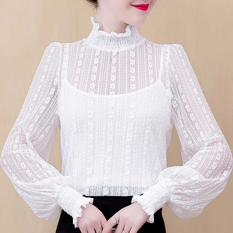 

Blusas Mujer De Moda Turtleneck Long Sleeve White Blouse Women Tops Turtleneck Hollow Lace Blouse Shirt Women Clothes C945 210602, Black