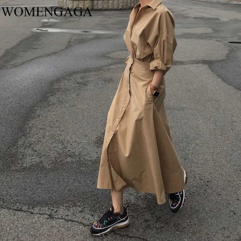 

Korea Spring Fashion Women Vintage Loose High Waist Slim Was Thin Elegant Single-breasted Shirt Dress ZA3300 210603, Apricot