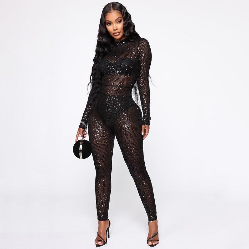 

Women' Jumpsuits & Rompers Black Sequin Sheer Tight Women Sexy One Piece Outfits Fall 2021 Long Sleeve O Neck Party Club