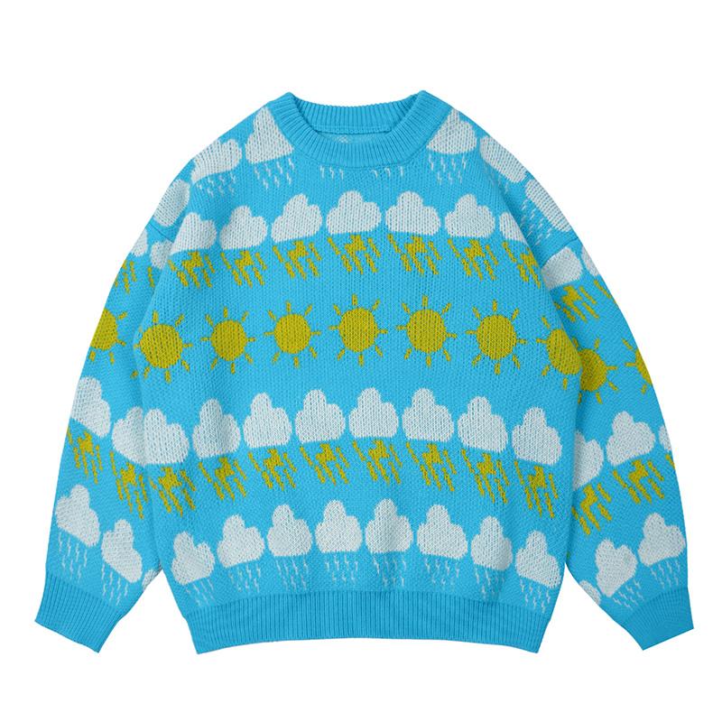 

Men's Sweaters Hop Cloud Sun Print Color Match Oversize Men Hip For Women Vibe Harajuku Japanese Retro Casual Couple Sweater Clothes, White;black