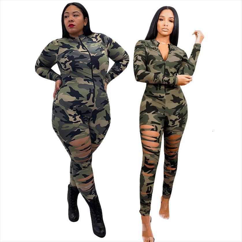 

zip up camouflage long sleeve womens romper bodysuit high waist bodycon hole plus size wholesale dropshipping, Black;white