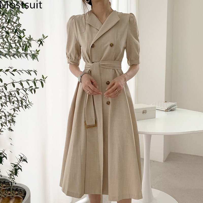 

Summer Korean Vintage Double-breasted Belted Long Dress Women Short Sleeve Notched Collar A-line Pleated Dresses Vestidos 210518, Black