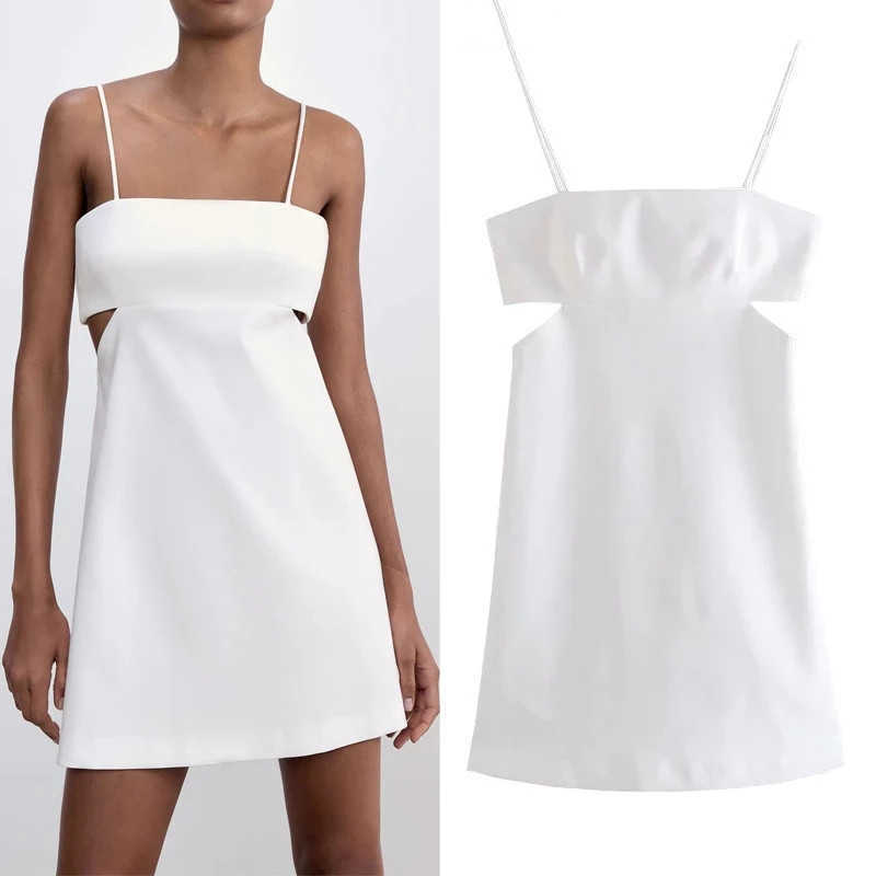 

Za Cut Out Sexy Party Dress Women Sleeveless Spaghetti Straps Mini Summer Dress Woman Chic Back Zip White Backless Dress 210602