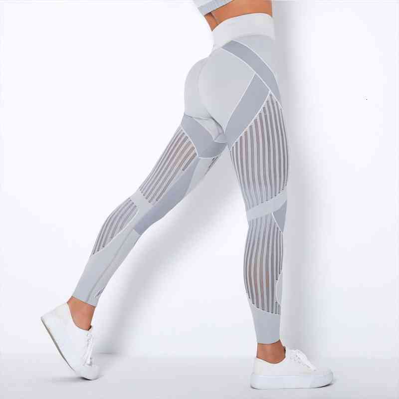 

pants seamless knit hollow women leggings mesh slim push up fitness high waist striped sportswear, Black