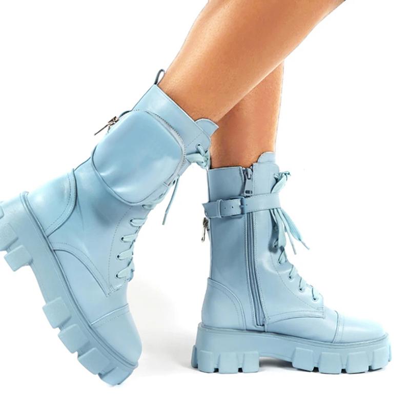 

Boots Winter Fashion Motorcycle Wedges Flat Woman High Heel Platform PU Leather Lace Up Women Shoes Black Booties
