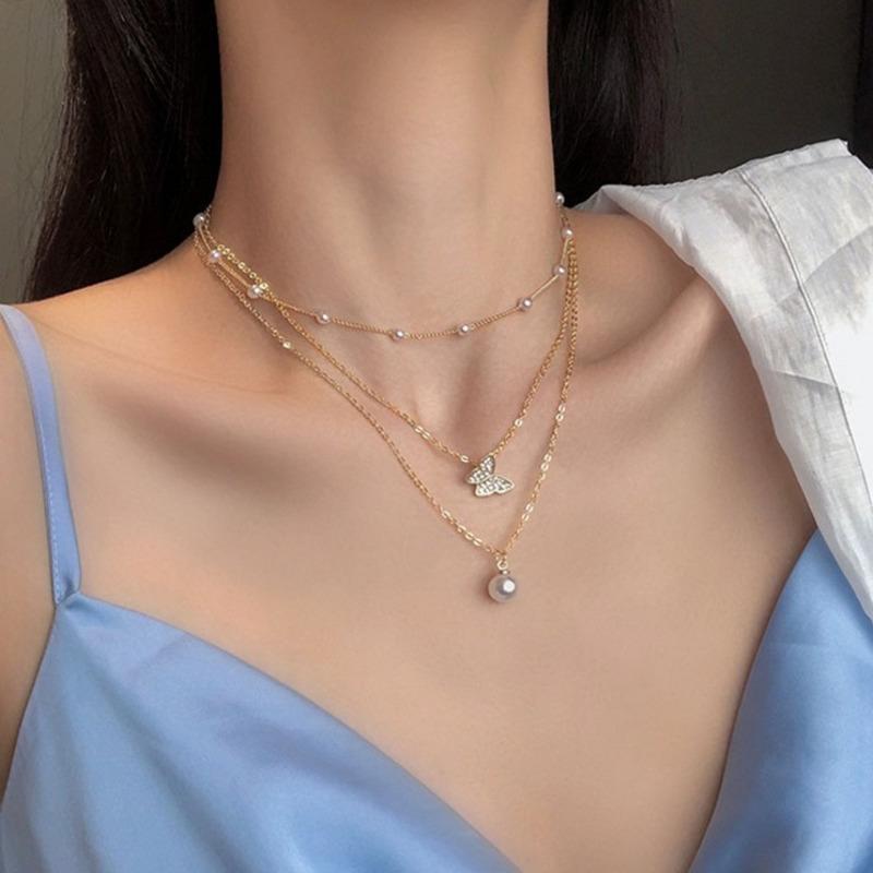 

Chains 3pcs/set Trendy Multilayered Butterfly Pearl Necklace For Women Fashion Gold Choker Necklaces 2021 Korean Jewelry Gift