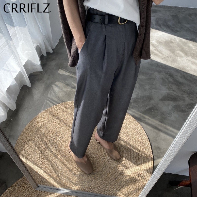 

Casual High Wasit Work Suit Pants Women Ankle Length With Leather Belt Loose Trousers CRRIFLZ 210520, Gray