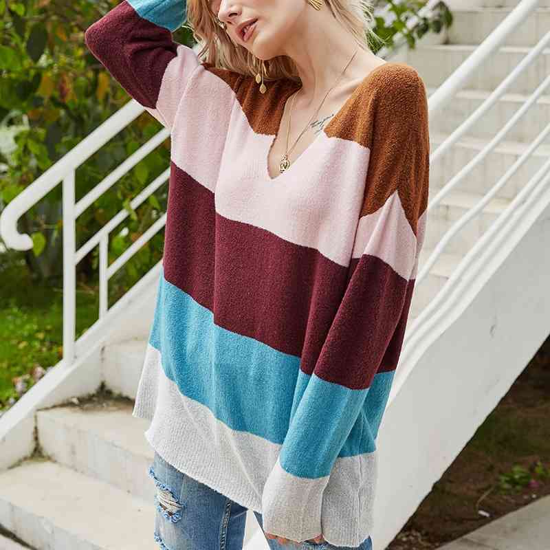 

Autumn Winter Sexy V Neck Striped Sweater Women Casual Long Sleeve Knitted Loose Jumpers Elegant Patchwork Tops Pullovers 210603, Blue