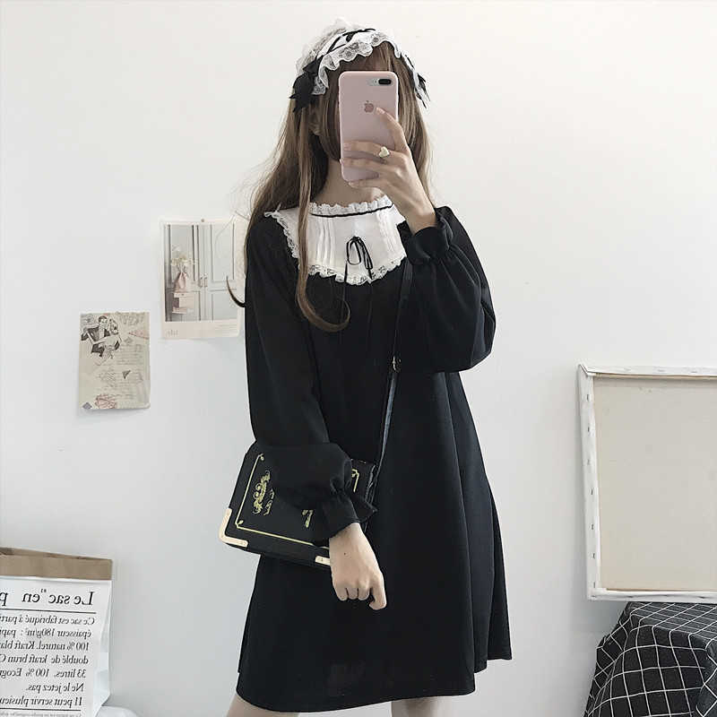 

Casual female plus size loose casual fun Bow-neck lace Japanese cute black autumn long sleeve sweet college fashion dress 210608