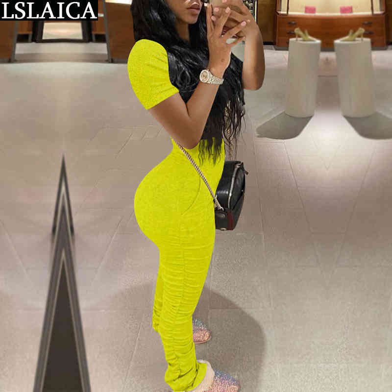 

Solid color two piece set top and pants casual fashion slim Draped women outfits elastic waist 2 210520, Blue