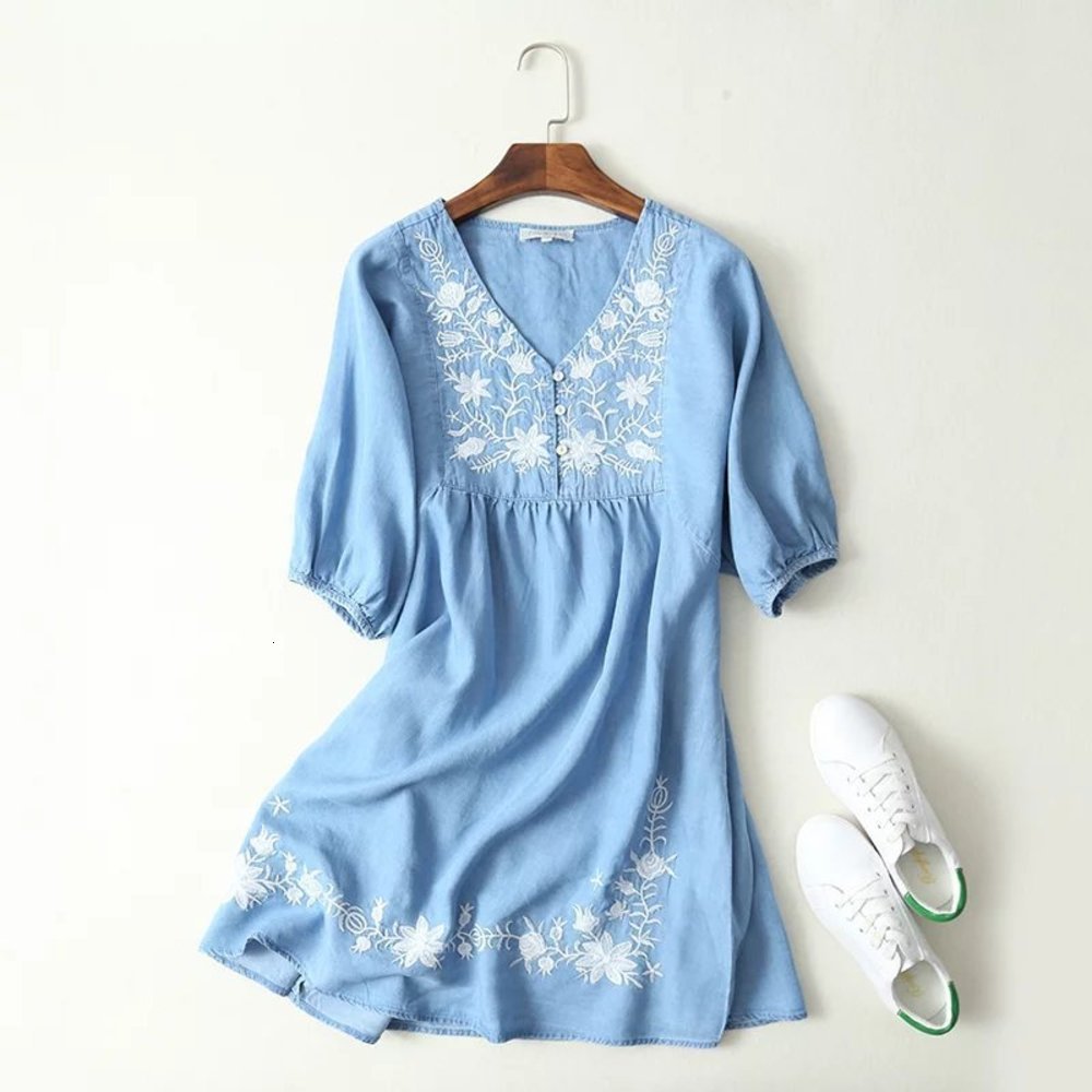 Casual Dresses 10690 Tencel cotton V-neck mid sleeve skirt women's summer art embroidery washed denim drs
