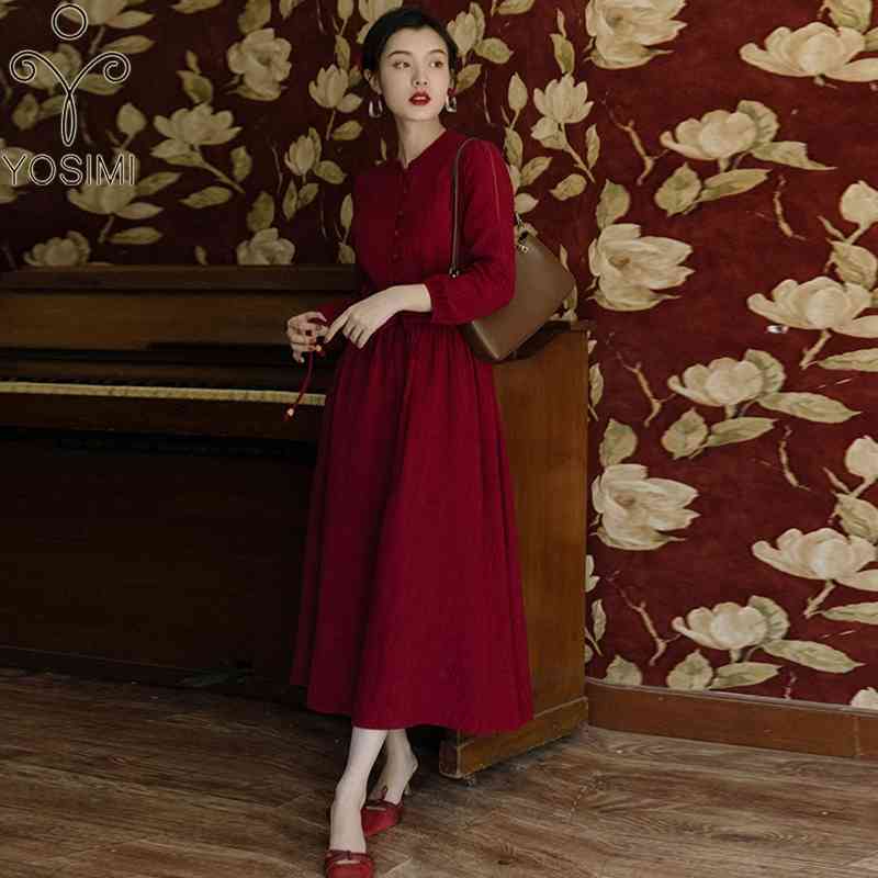 

YOSIMI Vintage Red Wine Long Women Dress Autumn Elegant Fit and Flare Stand Neck Belt Full Sleeve Midi 210604, Maroon