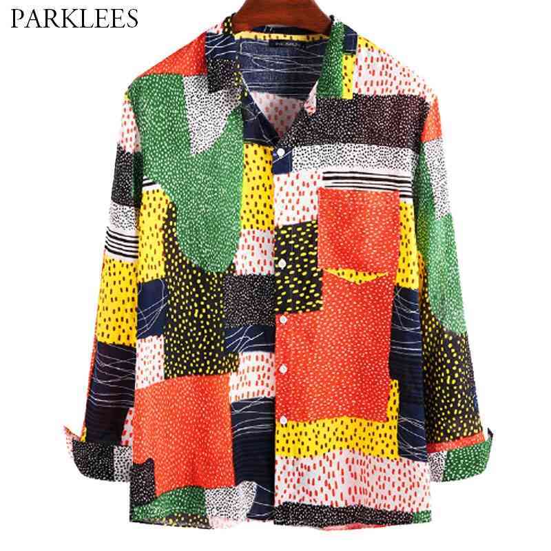 

Retro Hit Color Patchwork Men Shirts Fashion Dots Printed Mens Long Sleeve Shirt Casual Holiday Shirt for Men with Pocket 210524, As picture show