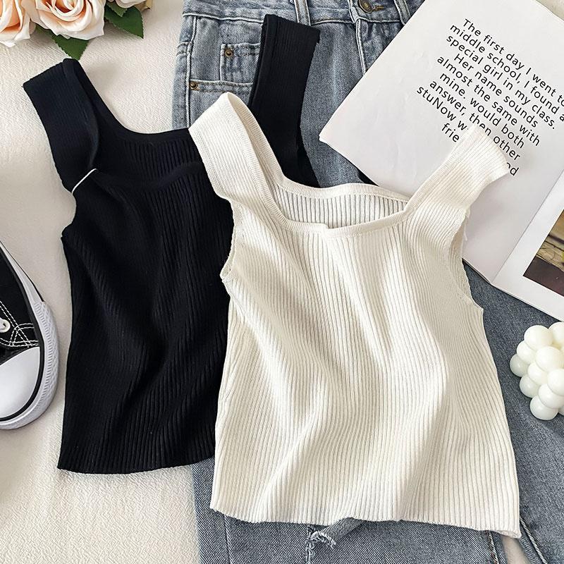 

Women's Tanks & Camis White Square-Cut Collar I-Shaped Vest Summer Design Sense Niche Knitted Ice Silk Inner Wear Outer Sling Bottoming, Black