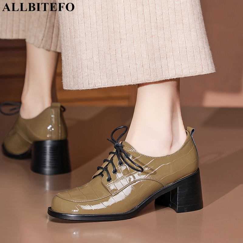 

ALLBITEFO size 34-42 lace-up fashion natural genuine leather women heels shoes thick heel women pumps high heels basic shoes 210611, As picture