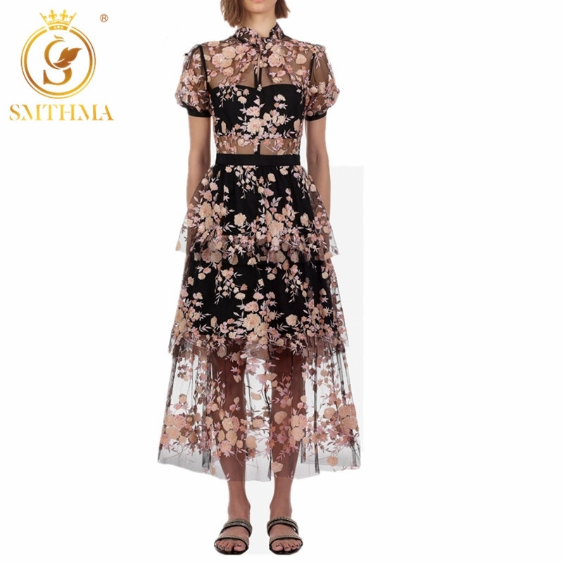 

High Quality Self Portrait Dress Arrive Mesh Embroidery Sequins Flower dress Chic Summer Maxi Long 210520, Photo color