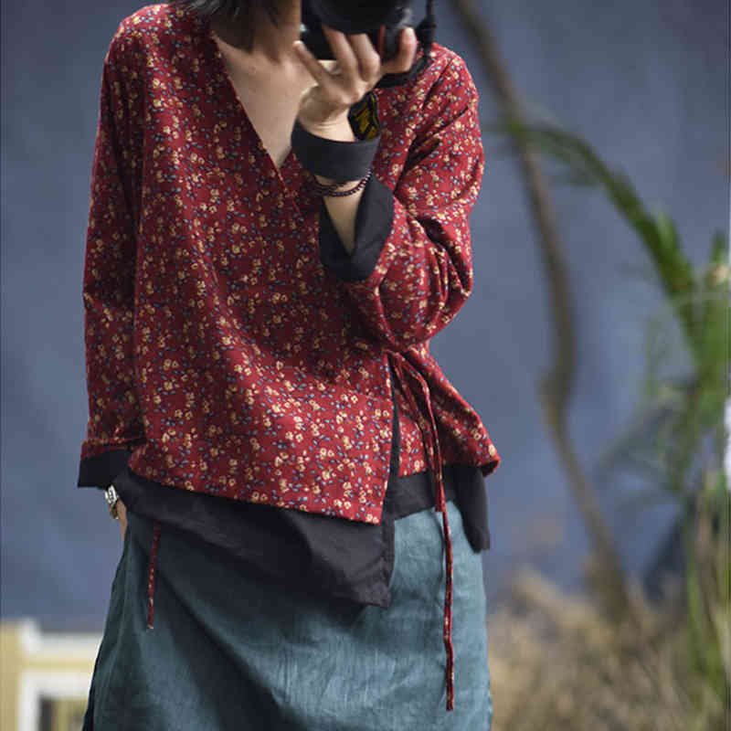 

Johnature Vintage Tops Long Sleeve Print V-neck Spring Clothes Belt Loose Shirts Women Blouses Cardigan 210521, Brown