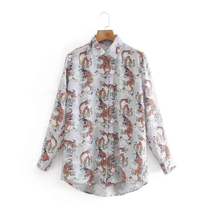 

Women Spring Vintage Animals Print Blouse Slim Casual Office Lady Turn-Down Collar Street wear Ladies Shirt Tops NX9848 210525, Lavender