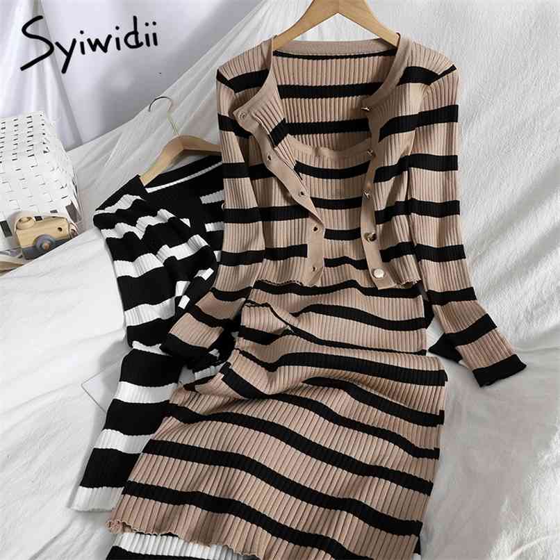 

Striped Knitted 2 Piece Blouse and Camis Dress for Women Breasted Long Sleeve Shirt A-line High Waist Summer 210607, Khaki black