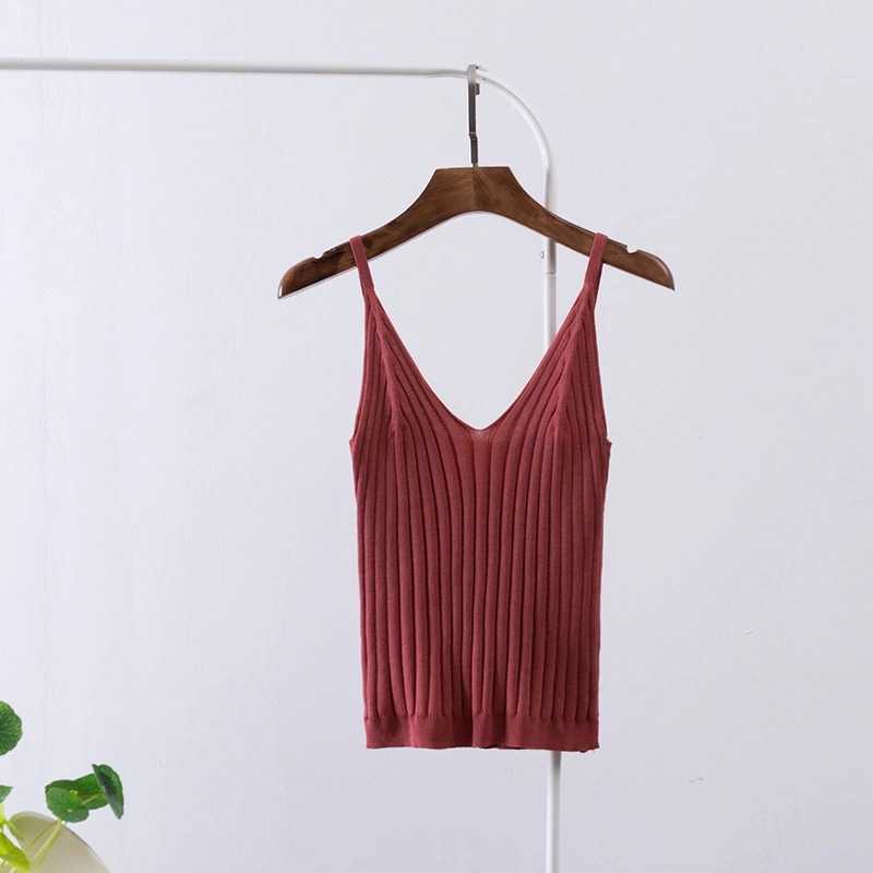 

Women Sexy Knitted Crop Top Crop Sleeveless Cropped Vest Slim Sling Knitted Tank Top V-neck Plain Camisole High Elastic Camis 210616, Burgundy