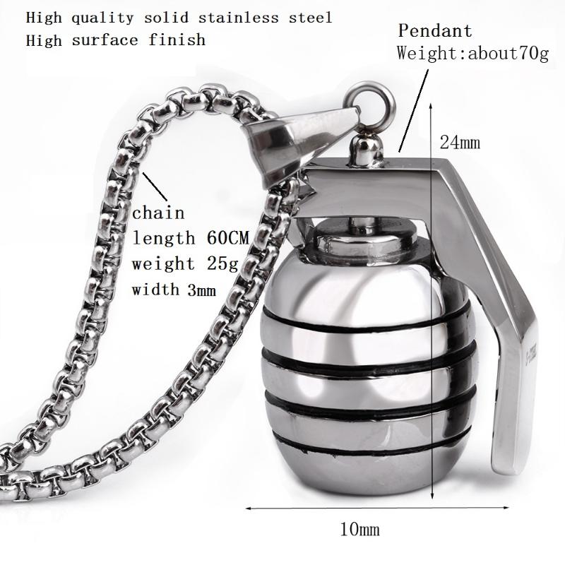 

Exaggeration Hand Grenades Pendant Necklace Stainless Steel Bombs Hip Hop Chain Men Party Memorial Gifts For Soldiers Necklaces, Silver