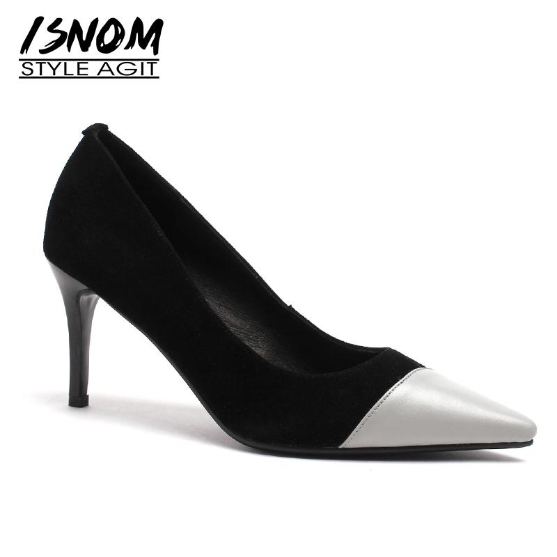 

Dress Shoes ISNOM Leather Thin High Heels Pumps Women Pointed Toe Footwear Office Kid Suede Female Shallow Woman 2021 Spring, Black