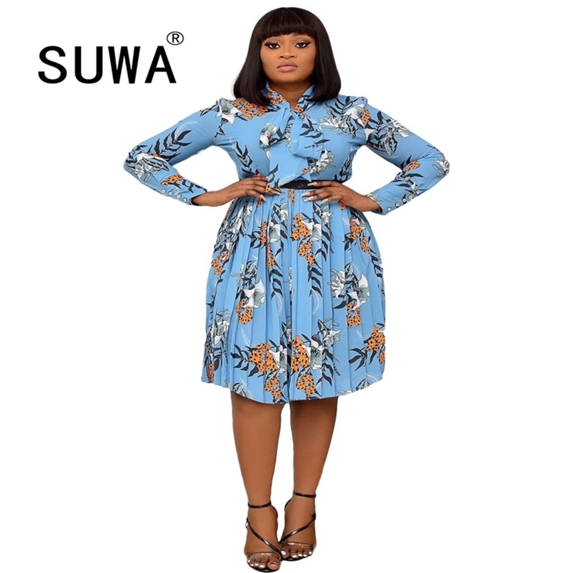 

Flower Printed Elegant Office Wear Women Dresses For Party And Wedding Prom Long Sleeve Knee Length Dress Plus Size 3XL 210525, Blue