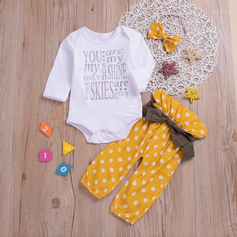 

Born Infant Baby Girls Letter Romper Top+Bow Dot Pants Leggings+Headband Outfits Clothes 3PCS Set Kids Clothing Sets1, White