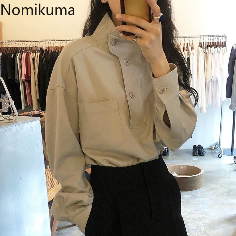 

Nomikuma Women Blouse Korean Buttons Stand Neck Elegant Blusas Femme Long Sleeve 2021 Autumn New Solid Causal Shirts 6C223, Apricot