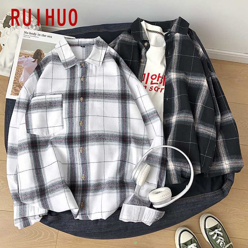 

RUIHUO Plaid Shirts For Men Clothing Fashion Long Sleeve Harajuku Vintage Clothes 5XL 210721, Black plaid