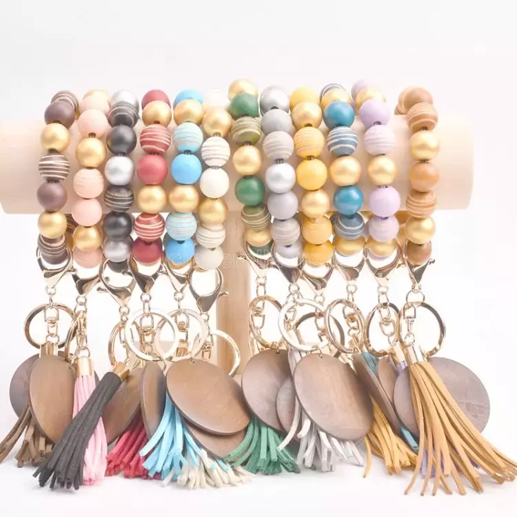 

Bracelet keychain wood beaded tassels keychain party favor personalized disc oranament souvenir wristlet key ring women wrist CN05
