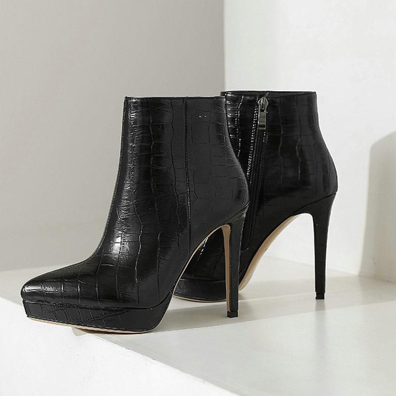 

Boots 2021 Ankle Pu Leather Women Shoes Fashion Platform Thin High Heel Booties Autumn Winter Pointed Toe Zipper Woman, Black