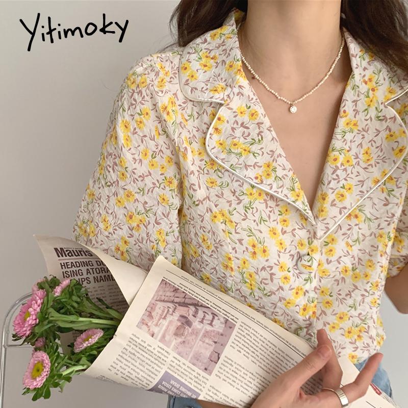 

Women's Blouses & Shirts Yitimoky Vintage Women Turn-down Collar Single Breasted Puff Sleeve Floral Printing Casual Shirt Tops 2021 Summer, Blue floral