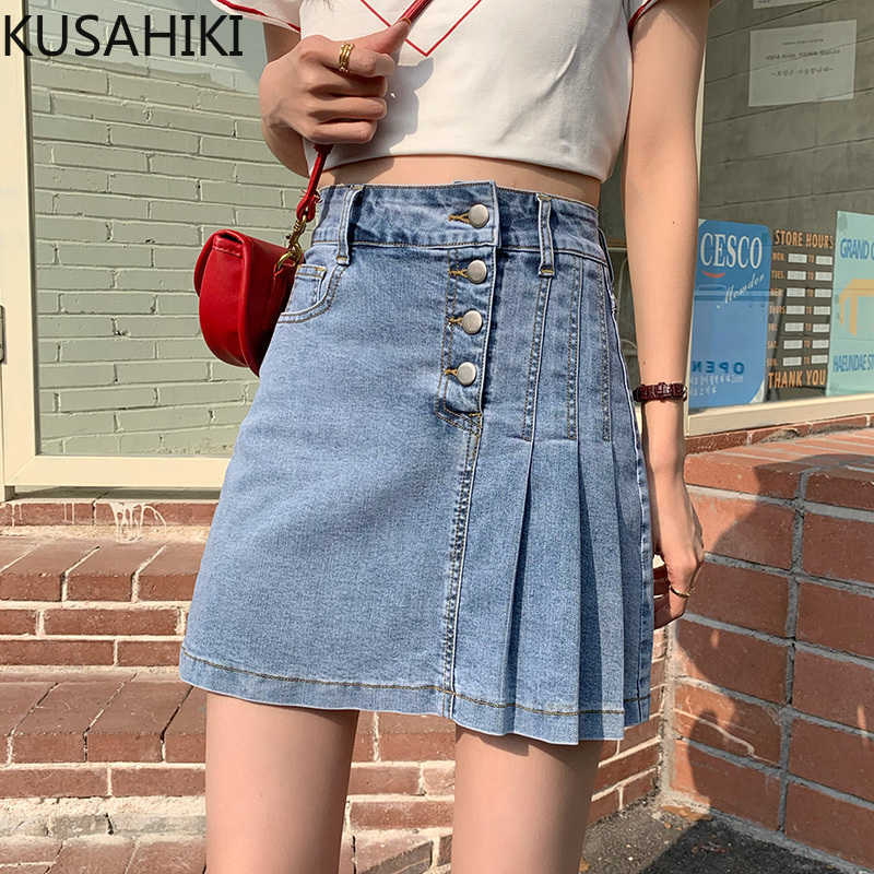 

KUSAHIKI Demin Women Skirt Korean High Waist Pleated A-line Mini Jeans Skirts Causal Spring Summer Faldas Mujer 6F416 210602, Black