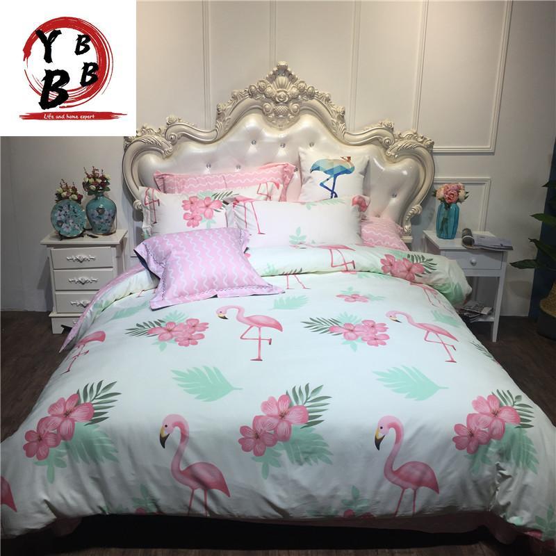 

Bedding Sets Home Textile Pink Flamingo Set 100%cotton King Queen Size Duvet Cover Bed Sheet Leaf Flower Printed Linen, Style1