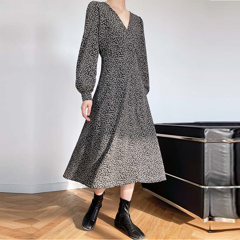 

Retro Spring Summer Waist French Chiffon Casual Long Dress For Ladies V Neck Sleeve Floral Printed Dresses Fashion 210520, Black